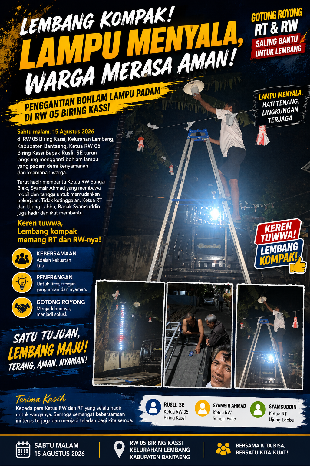 Lembang Kompak! Malam Hari, Para Ketua RW dan RT Turun Langsung Ganti Lampu Padam di Biring Kassi